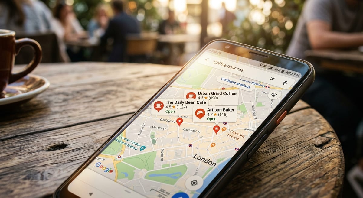 Smartphone displaying Google Maps local pack with three business listings pinned on a city map for local SEO search results