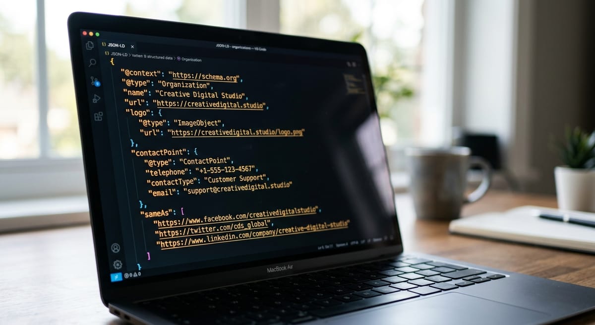 JSON-LD structured data code on a laptop screen showing local business schema markup fields like name, address, and telephone