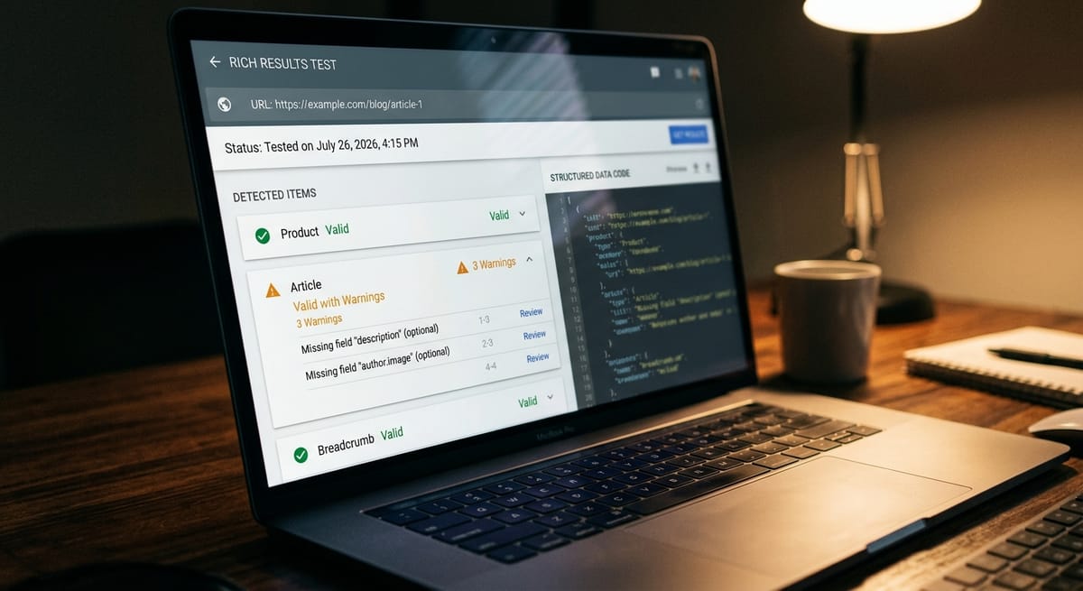 Google Rich Results Test tool on laptop screen showing schema markup validation errors and checkmarks for local SEO schema testing