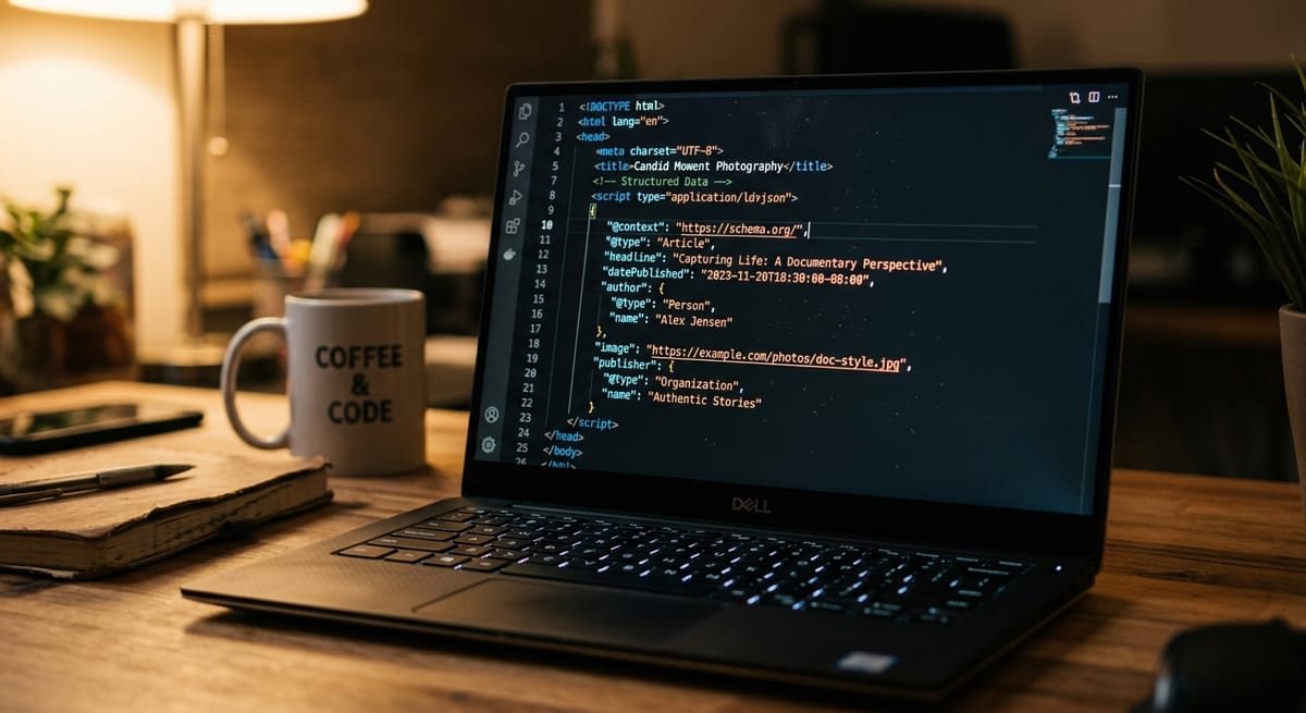 JSON-LD structured data code visible in HTML editor showing local business schema fields for name address and telephone