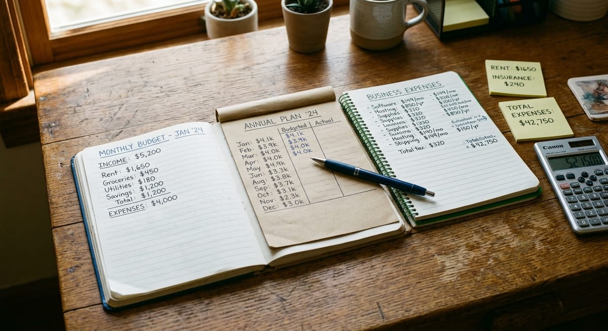 Three notebooks with annual SEO cost breakdowns comparing agency retainer, in-house specialist, and DIY budget figures