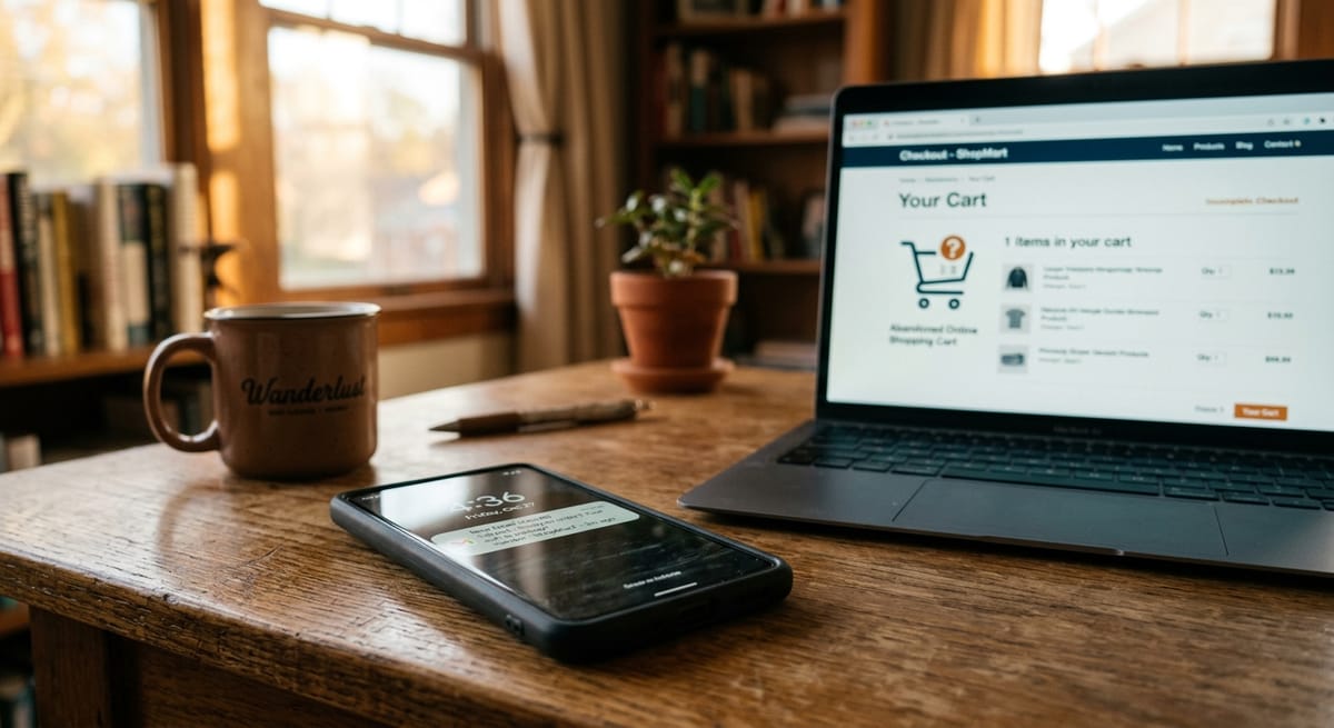 Smartphone showing cart abandonment recovery email notification beside laptop with e-commerce checkout screen