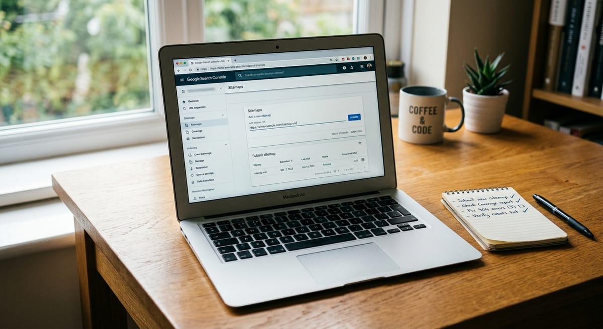 Google Search Console sitemap and crawlability report open on laptop during a technical SEO audit for a local service website