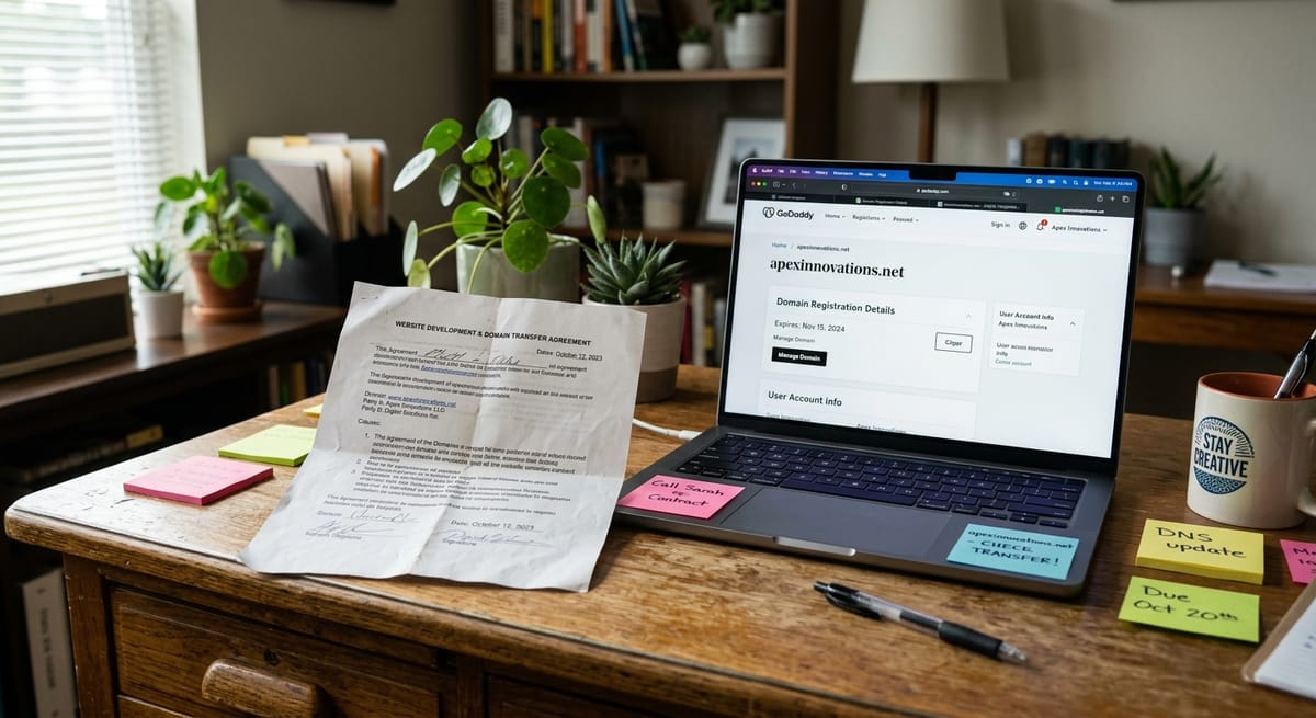 Crumpled web contract beside a domain registrar screen on a wooden desk, illustrating web design agency red flags around ownership