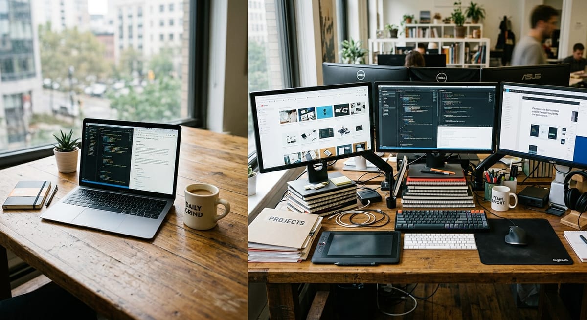 Solo freelancer workspace versus multi-person agency desk setup illustrating web design agency vs freelancer differences