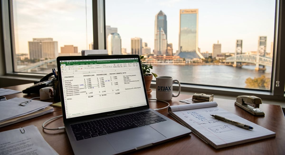 Web design cost comparison spreadsheet on laptop beside Jacksonville city view, illustrating local 2026 pricing tiers