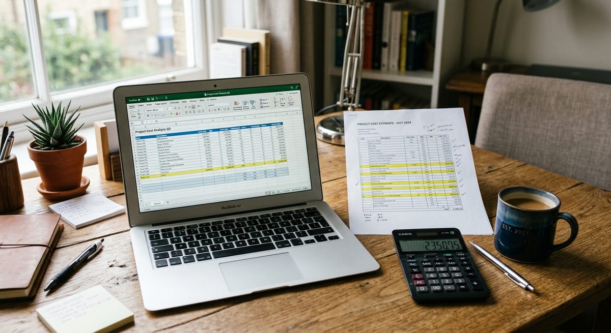 Laptop with pricing spreadsheet and printed cost estimate on desk illustrating website redesign cost ranges for 2026