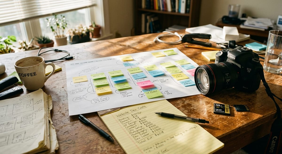Printed website sitemap with sticky notes and camera lens on desk illustrating website redesign quote factors