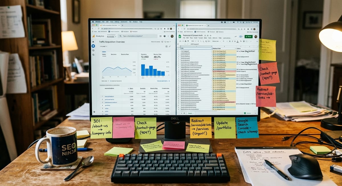 Cluttered desk with URL spreadsheets and redirect maps illustrating the hidden complexity of website redesign costs