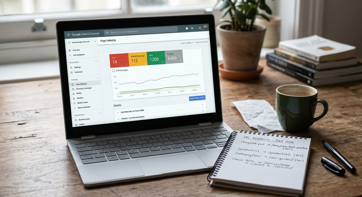 Google Search Console coverage report open on laptop beside handwritten 301 redirect map notes for protecting SEO during a website redesign