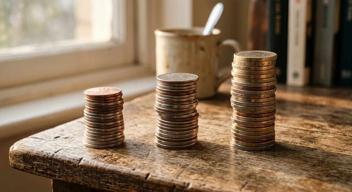 Three progressively taller coin stacks representing small business website pricing budget tiers from template to custom builds