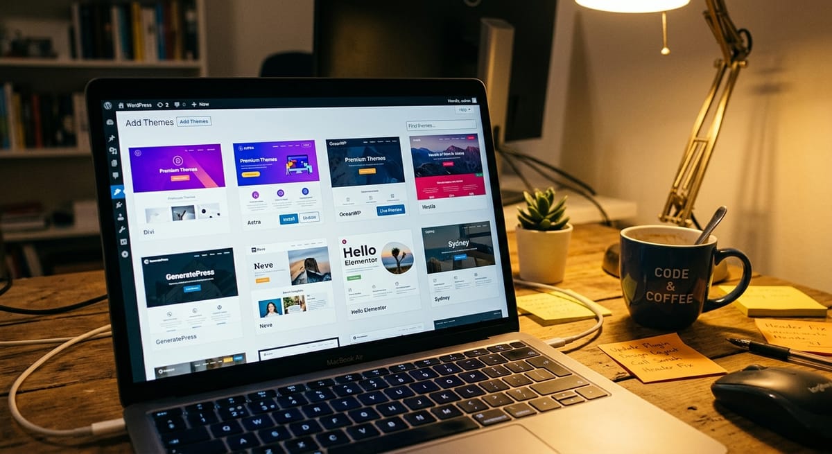 WordPress template grid on laptop screen showing pre-built themes for a budget $1,000 to $3,000 small business website build