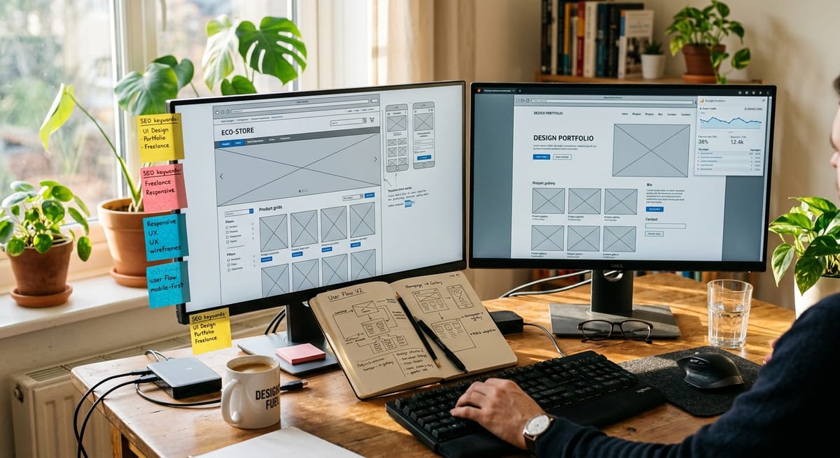 Web designer desk with wireframe layouts and keyword notes showing what a $5,000 to $10,000 website includes