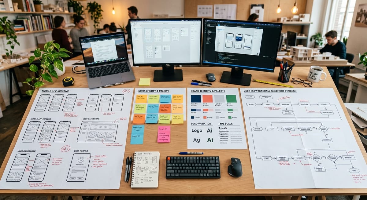 Custom website deliverables spread across a design desk including wireframes, UX flows, and color palettes for a $15000+ website project