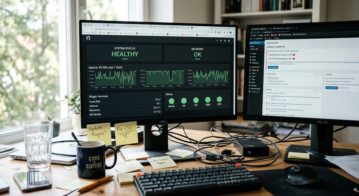 Website maintenance dashboard showing CMS plugin updates and uptime monitoring status indicators on dual monitors
