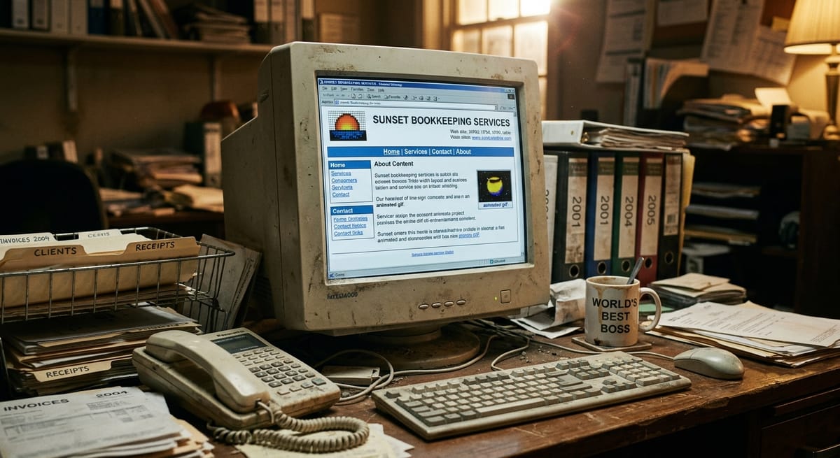 Neglected small business desktop showing outdated website needing maintenance, representing local service provider technical debt risks