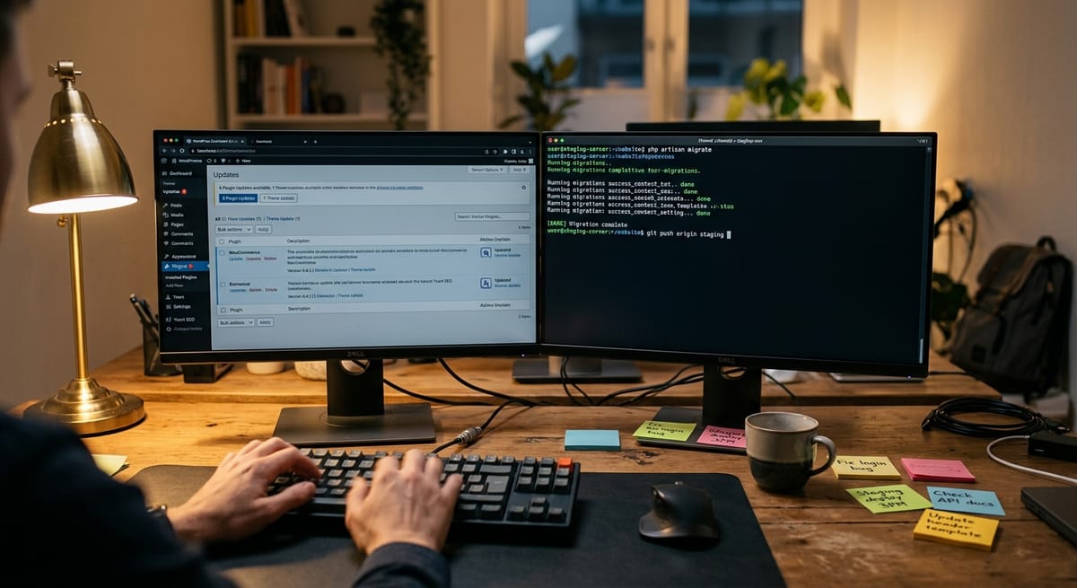 WordPress plugin update dashboard on dual monitors in a developer workspace showing website maintenance workflow