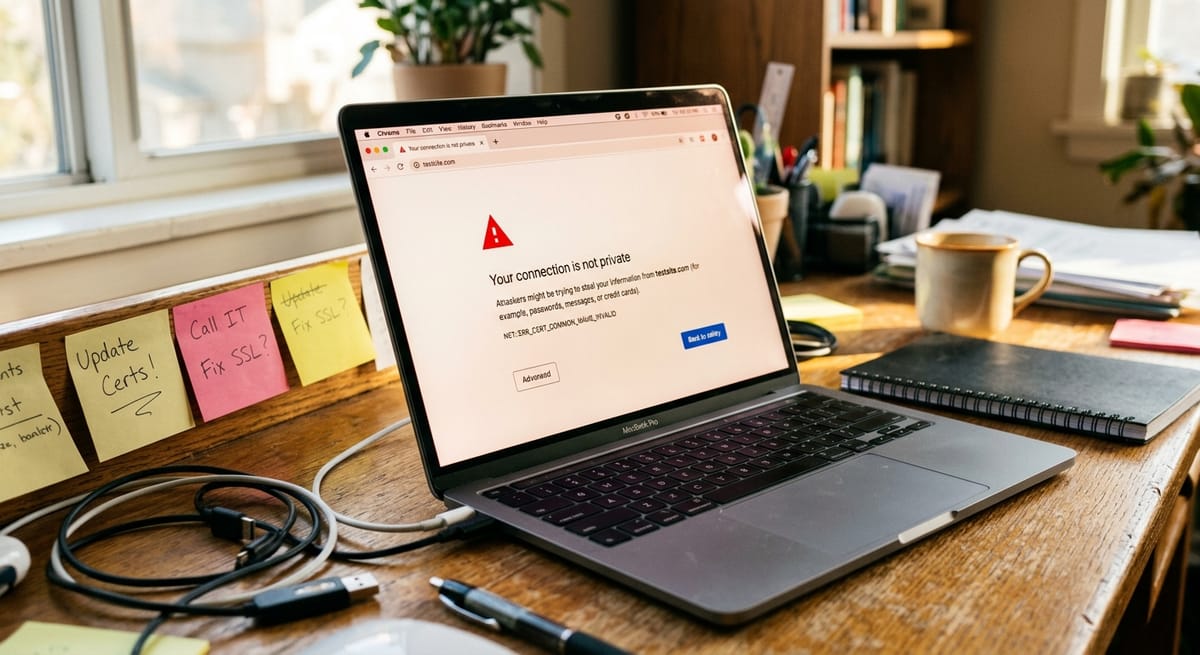 Laptop screen showing a browser security warning, illustrating website downtime costs and consequences of skipping website maintenance