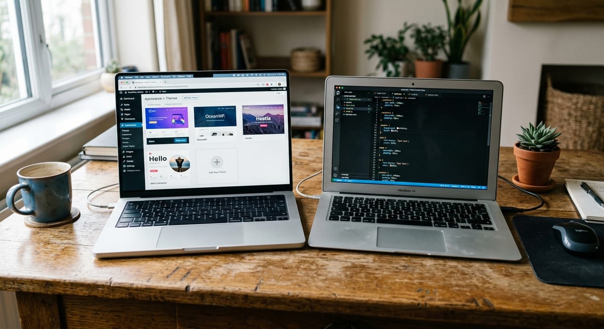 WordPress dashboard and custom code editor open side by side on a desk, illustrating WordPress vs custom website development comparison