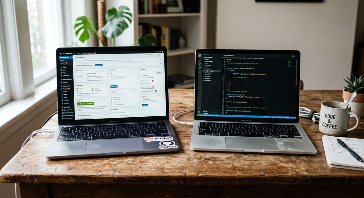 Two laptops side by side comparing WordPress dashboard and custom development code editor showing key platform differences