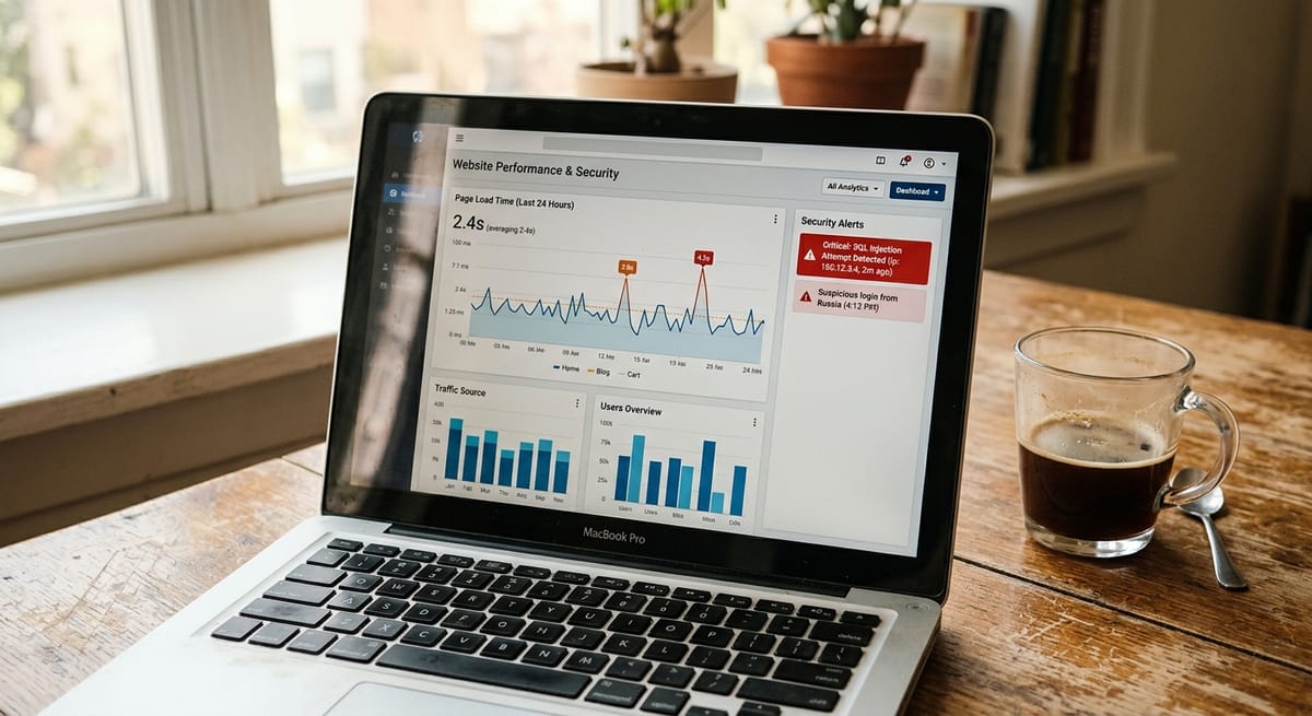 Website analytics dashboard showing page load speed metrics and security alerts, relevant to WordPress performance and security comparison